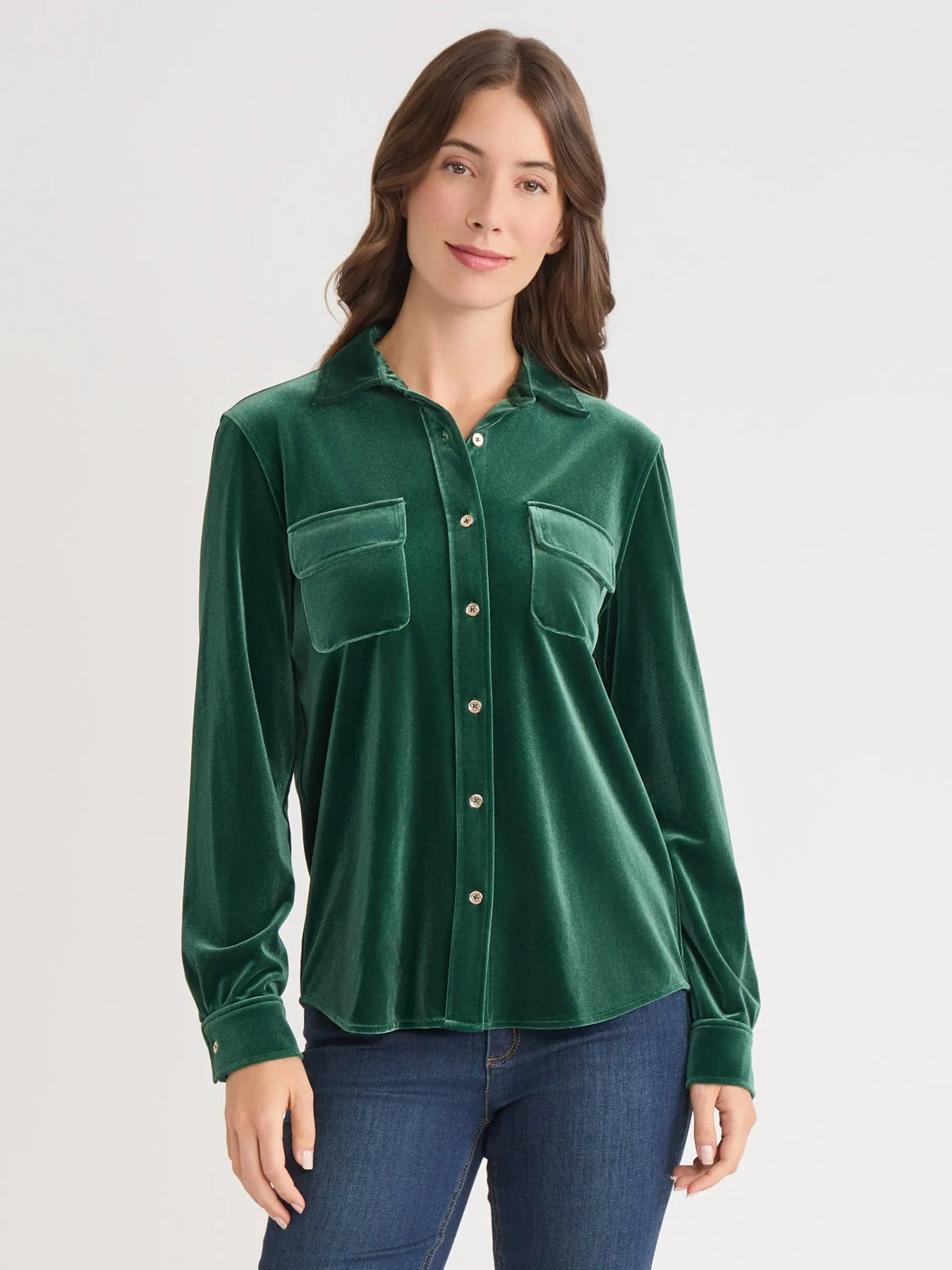 Button-Front Velour Utility Shirt sold by Jones New York