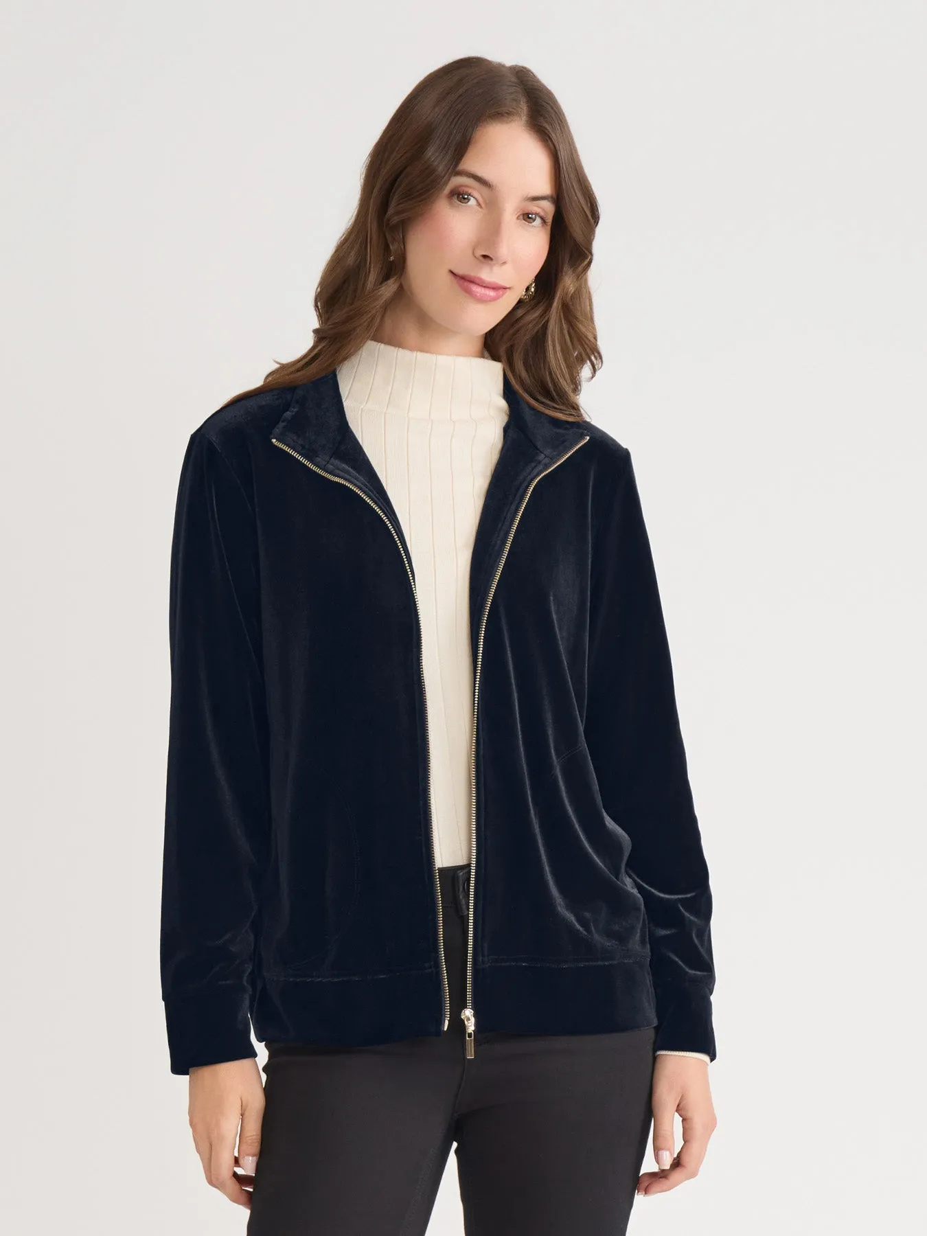 Mock Neck Zip-Front Velour Jacket sold by Jones New York