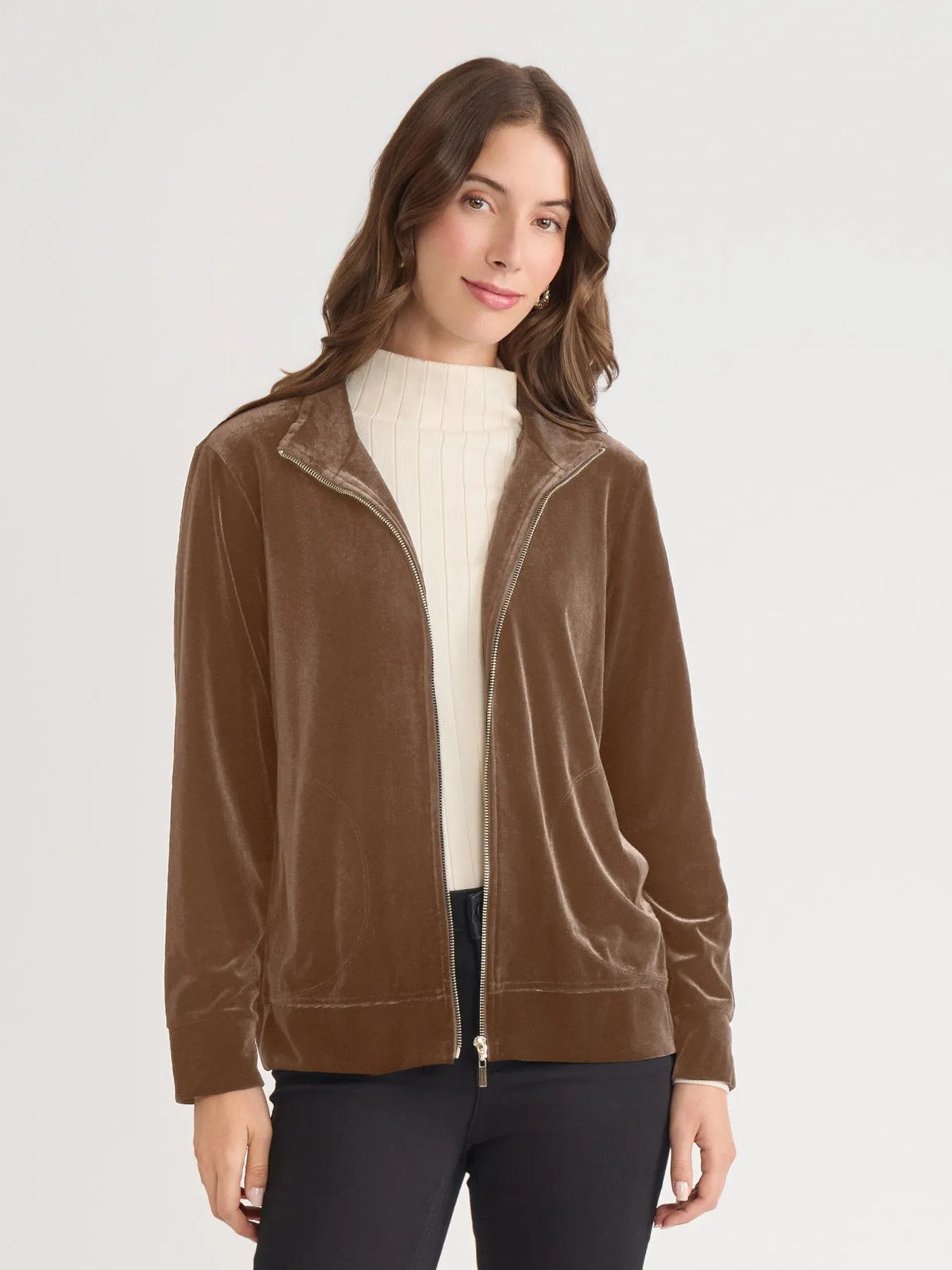 Mock Neck Zip-Front Velour Jacket sold by Jones New York