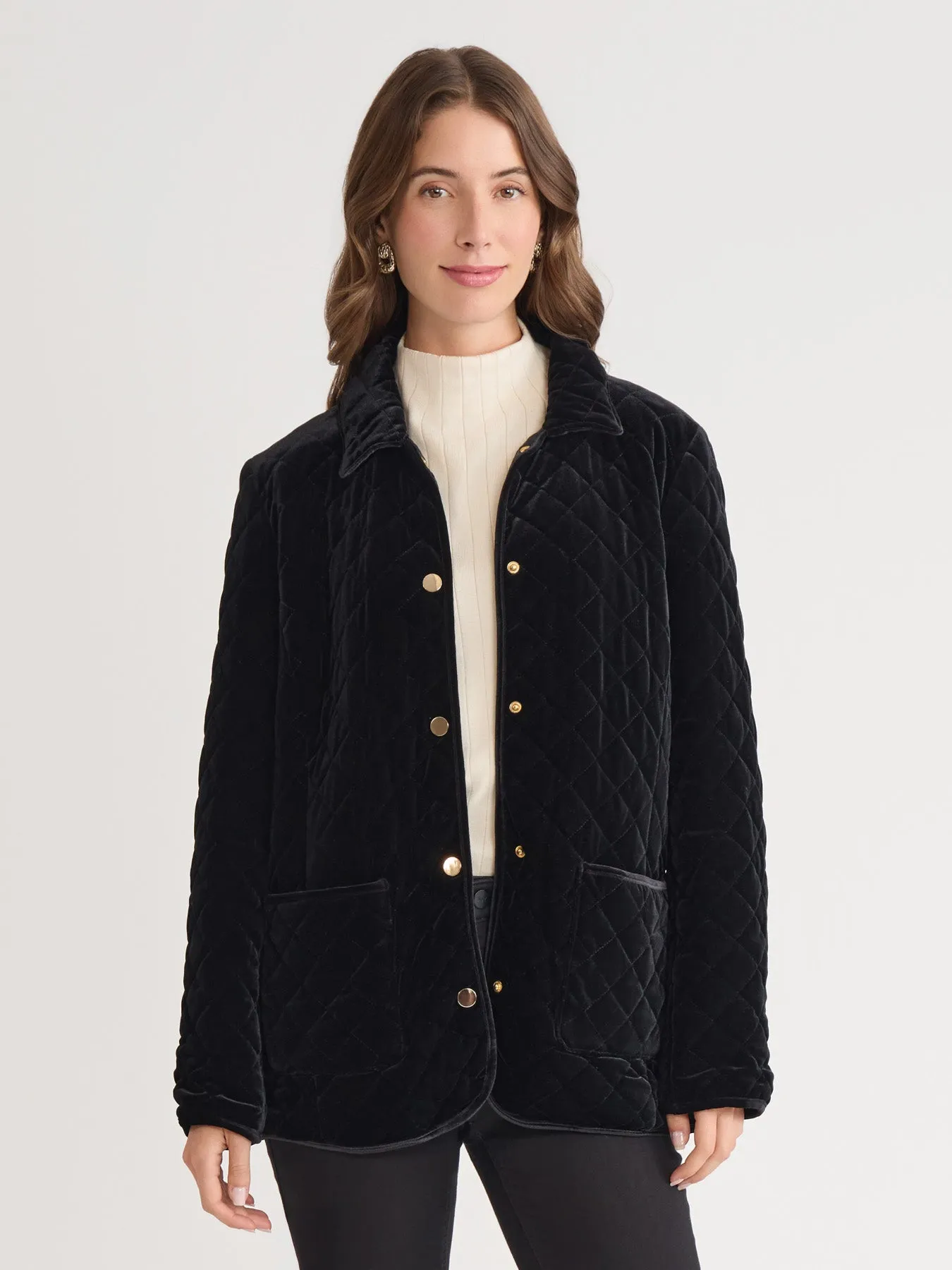 Snap Front Quilted Jacket, Velvet sold by Jones New York