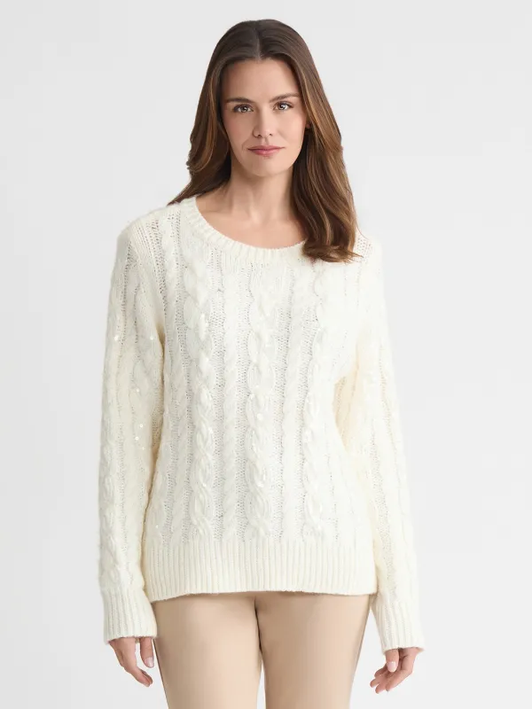 Sequin Cable Knit Crewneck Sweater sold by Jones New York