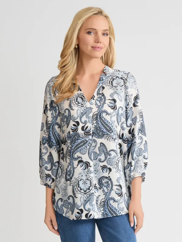 V-Neck Pleated Kelly Blouse, Satin Twill sold by Jones New York