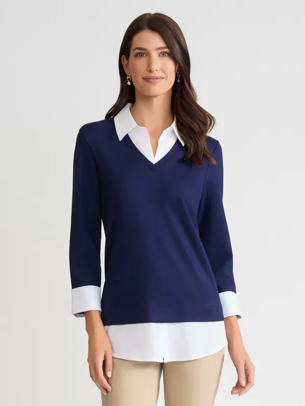 Collared Shirt V-Neck Two-Fer Top made by Jones New York