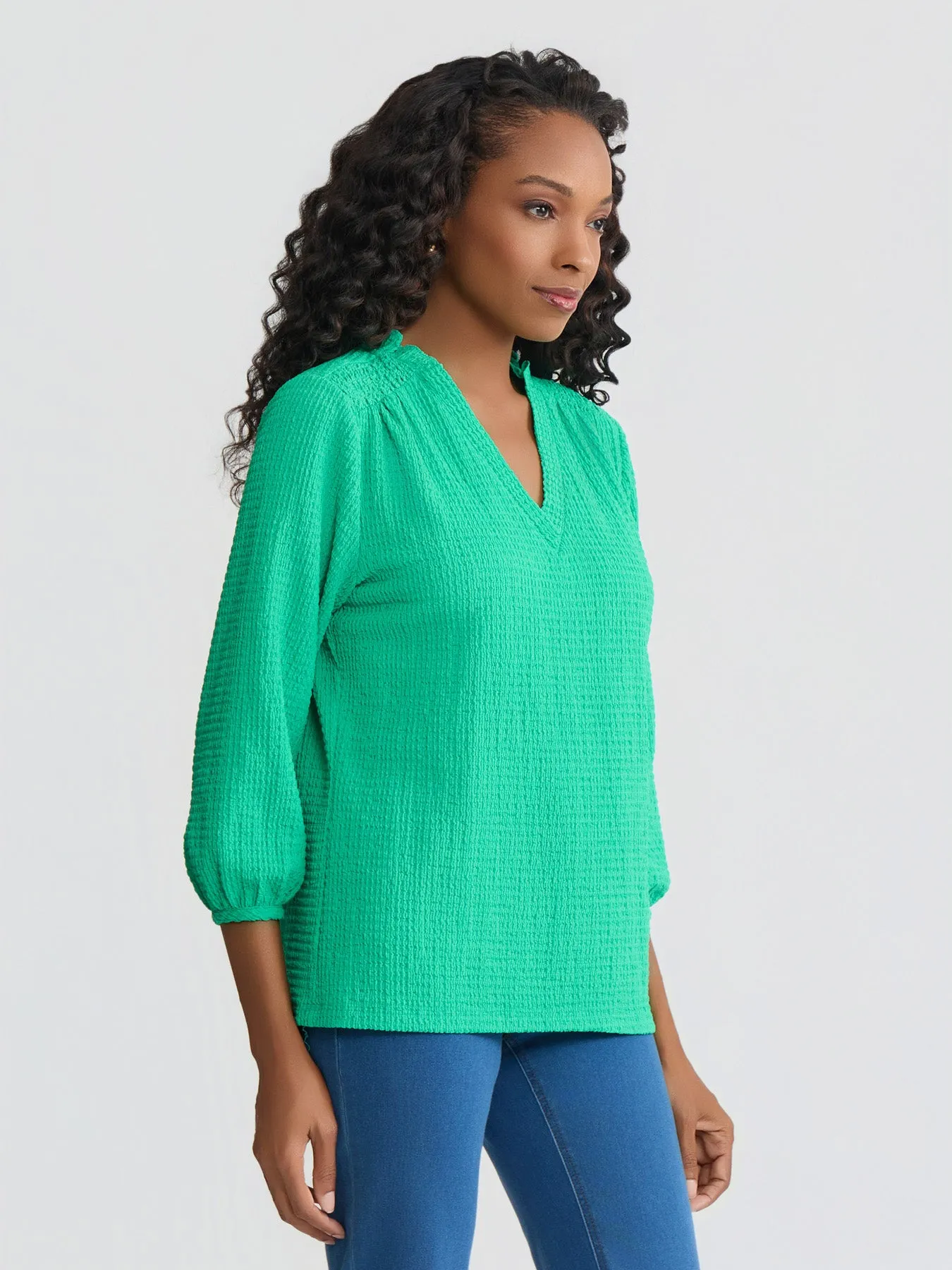Petite V-Neck Smocked Shoulder Blouse sold by Jones New York product image thumbnail 2