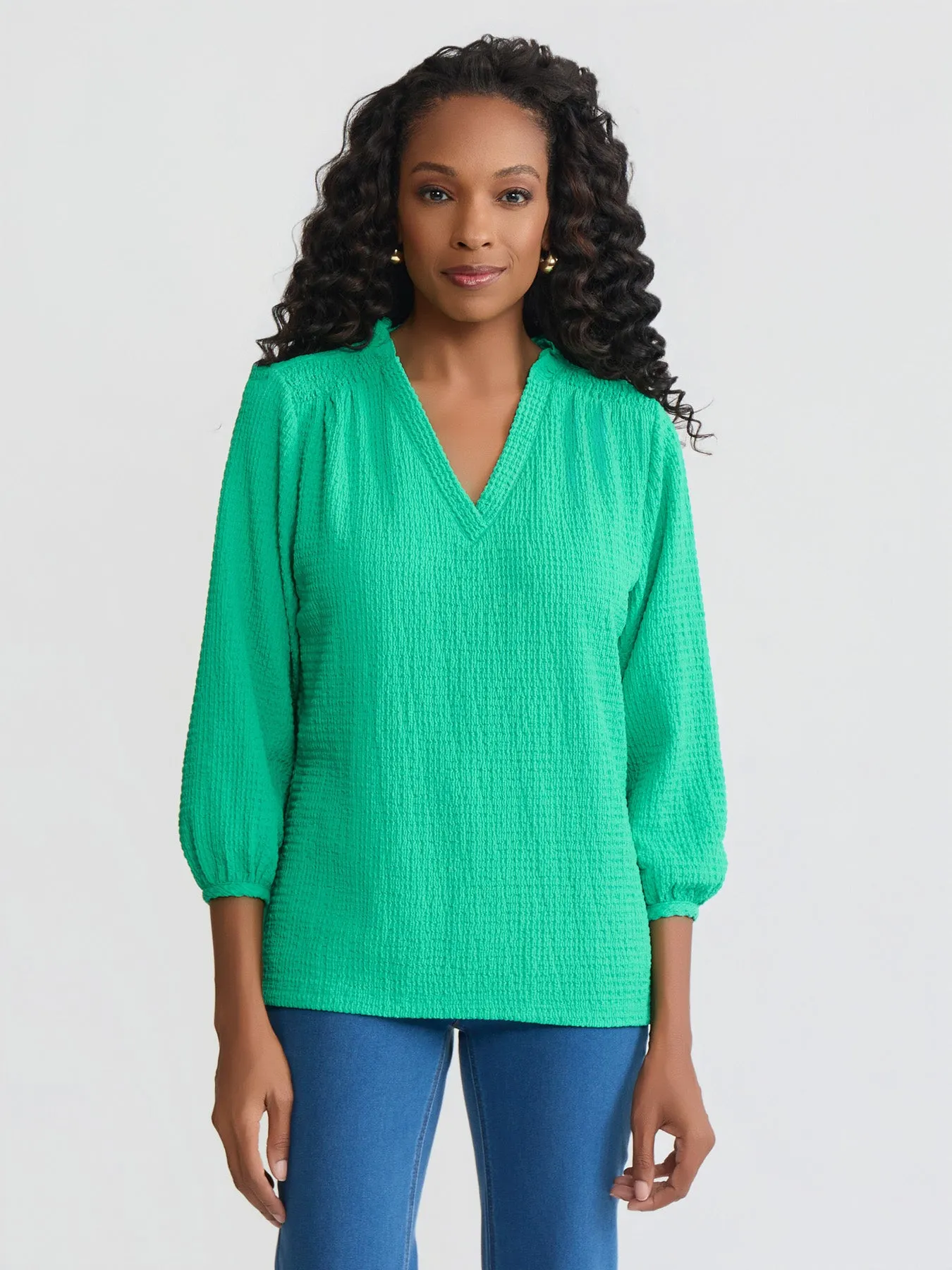 Petite V-Neck Smocked Shoulder Blouse sold by Jones New York