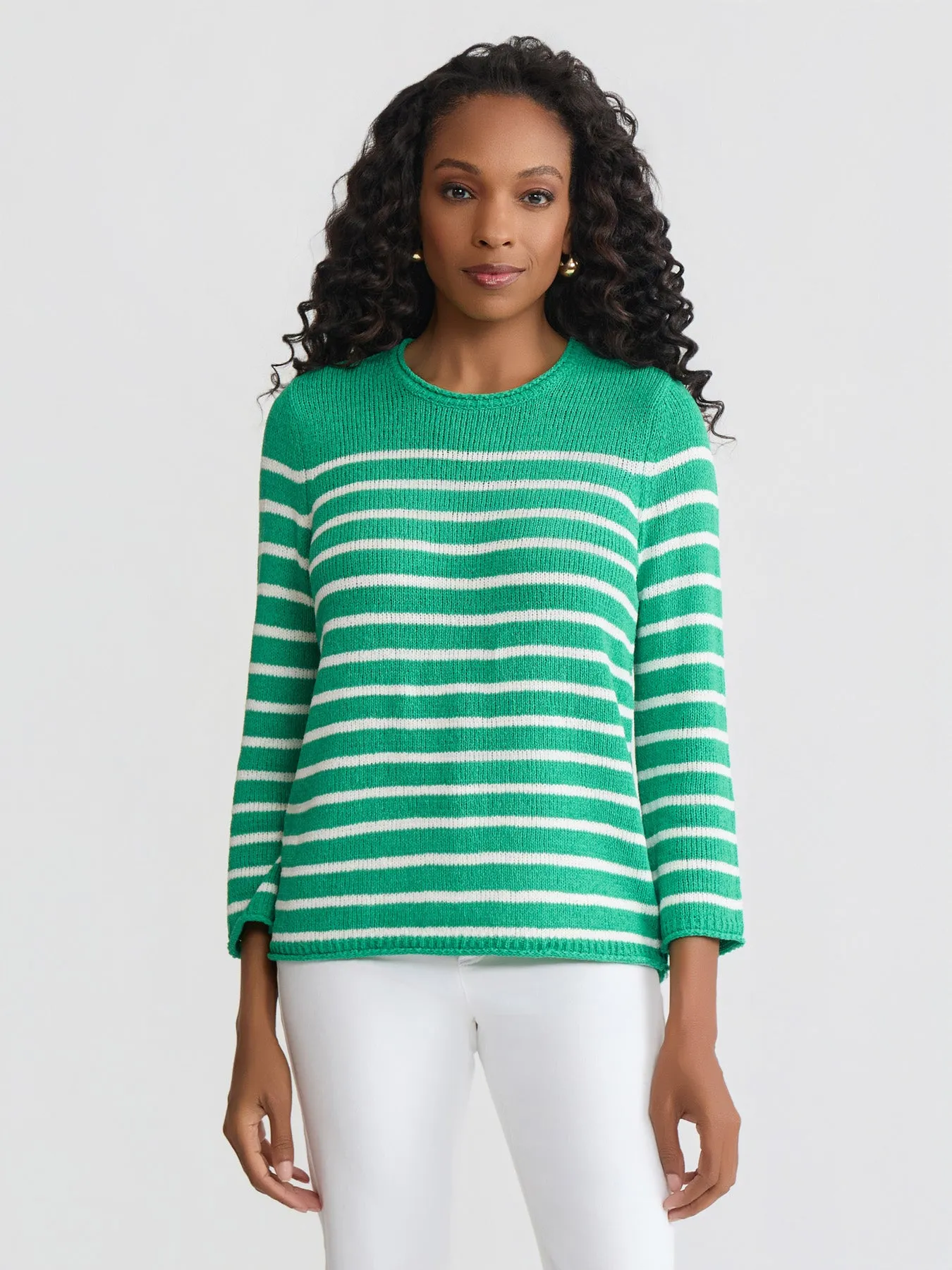 Petite Striped Open Crew Neck Sweater sold by Jones New York