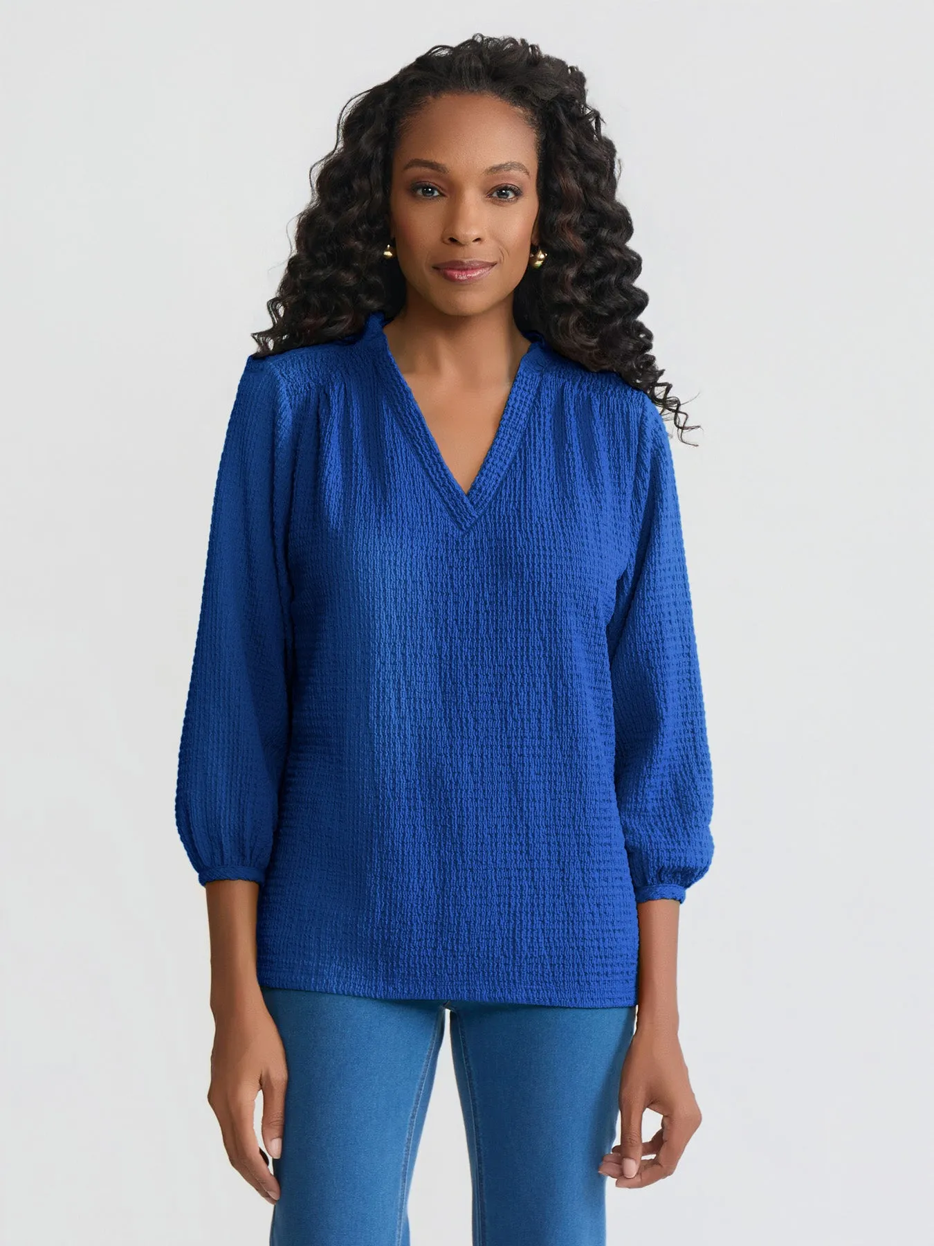 V-Neck Smocked Shoulder Blouse sold by Jones New York