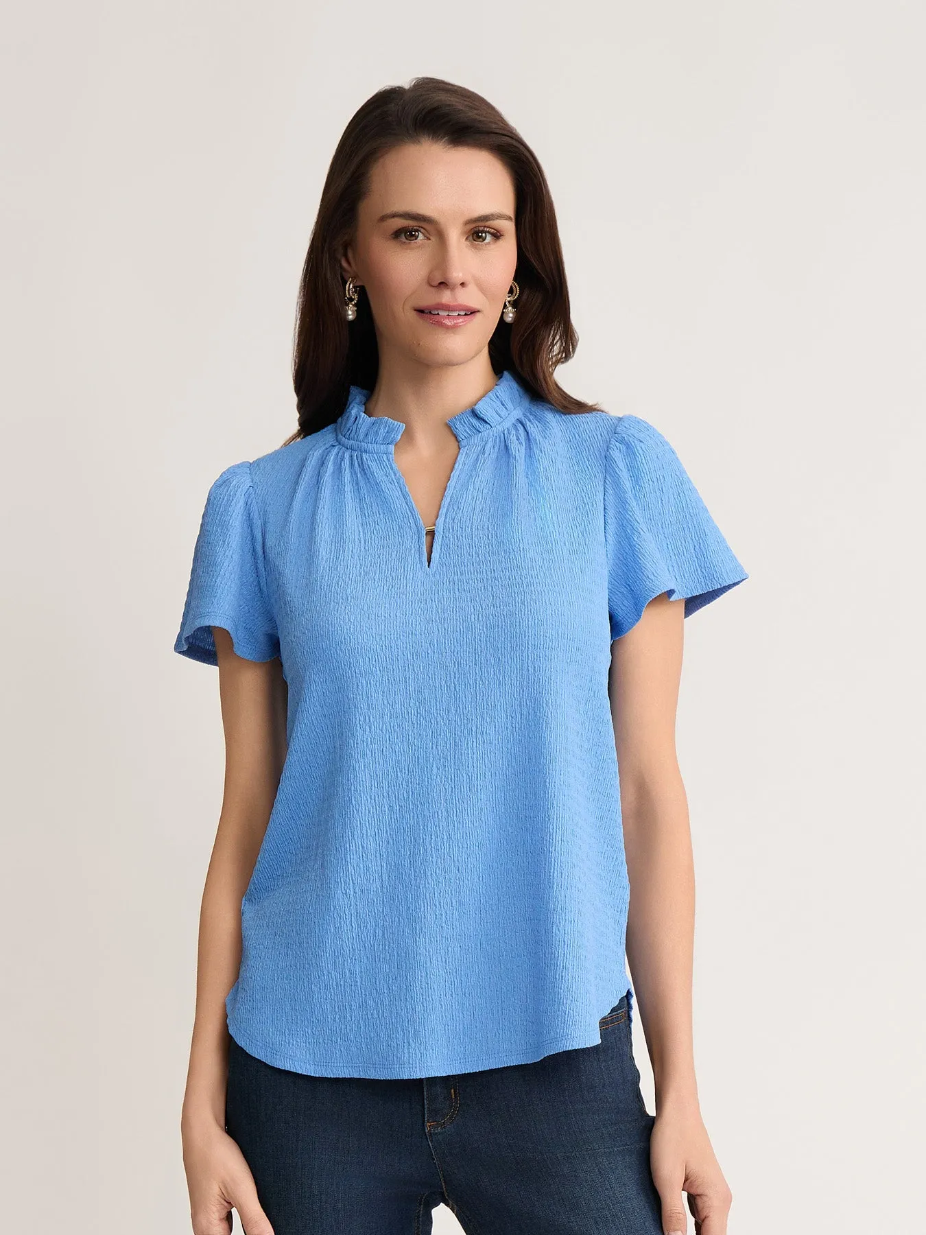 Ruffle Trim Flutter Sleeve Top, Seabreeze Crinkle sold by Jones New York