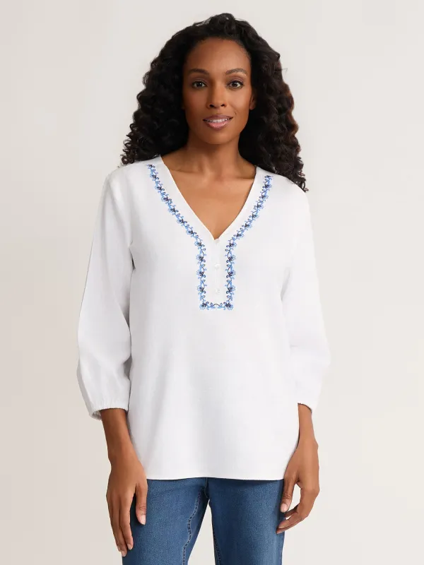 Petite Embroidered Popover Blouse, Linen made by Jones New York