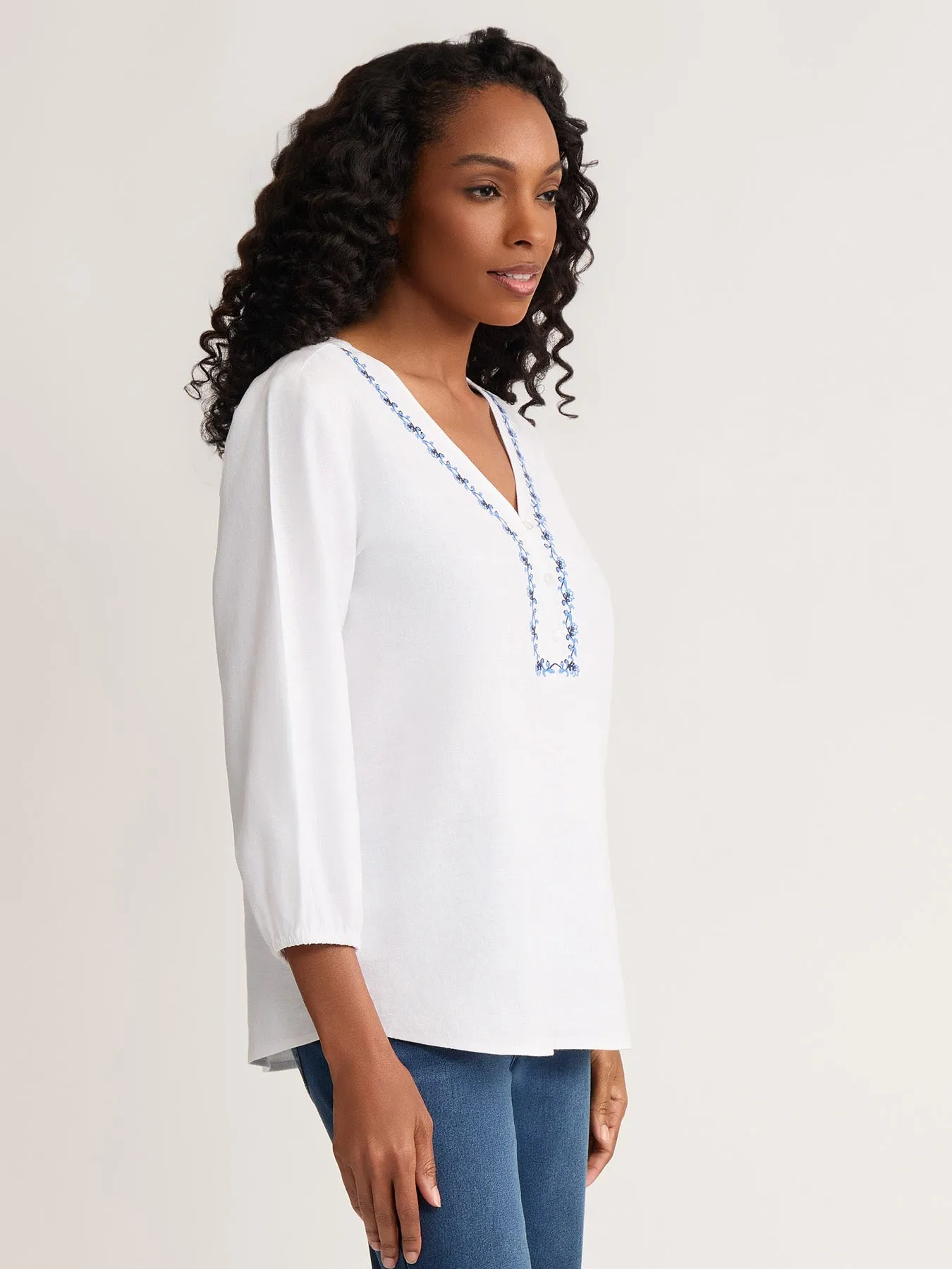 Petite Embroidered Popover Blouse, Linen sold by Jones New York product image thumbnail 2