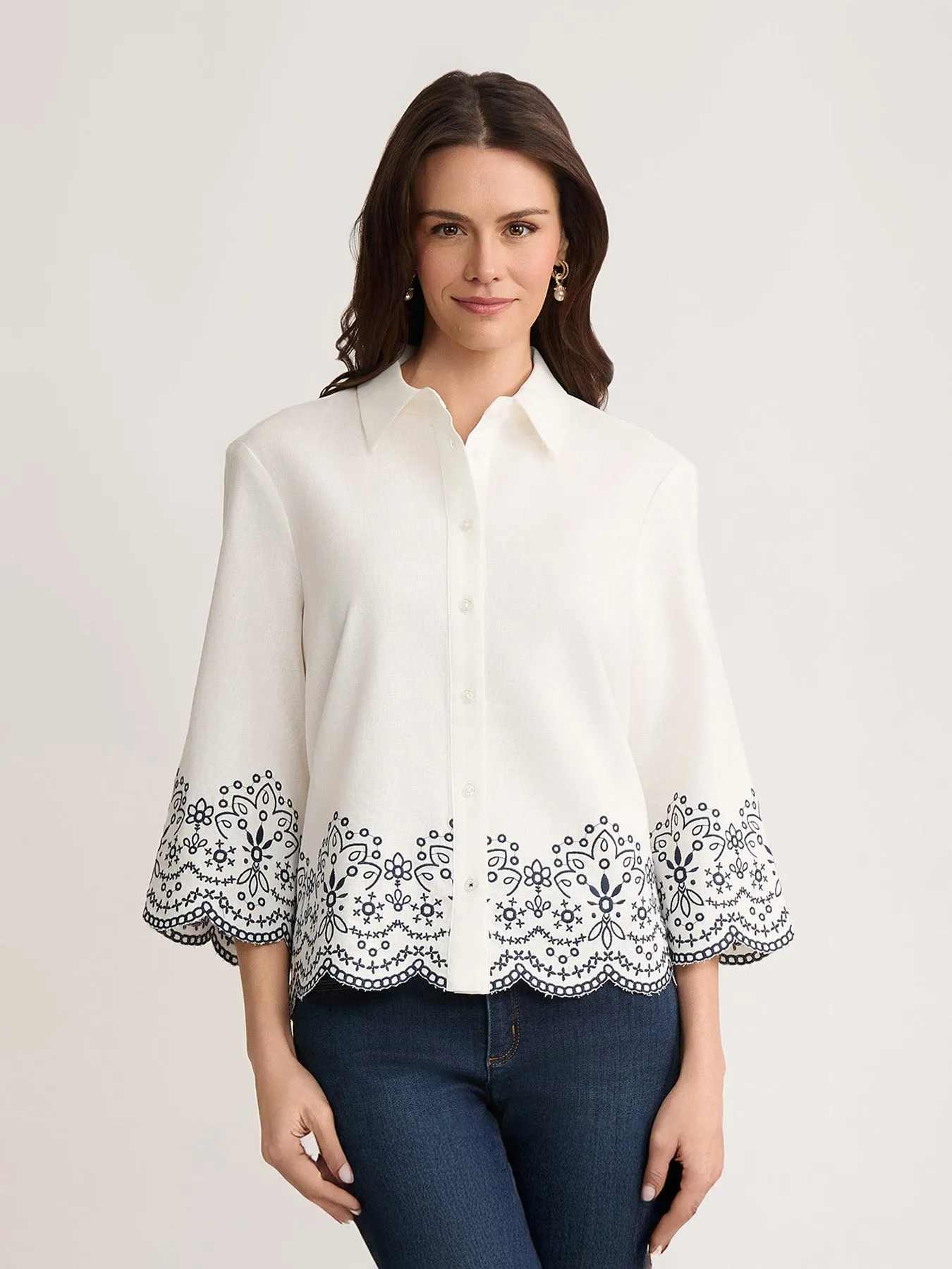 Petite Scallop Hem Embroidered Blouse, Linen sold by Jones New York product image thumbnail 2