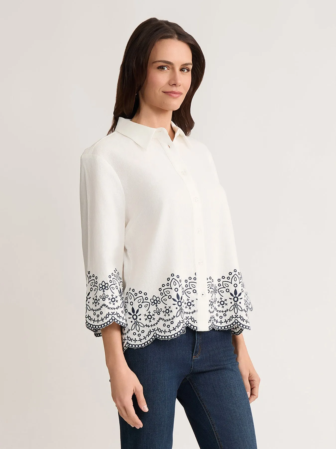 Petite Scallop Hem Embroidered Blouse, Linen sold by Jones New York product image thumbnail 3