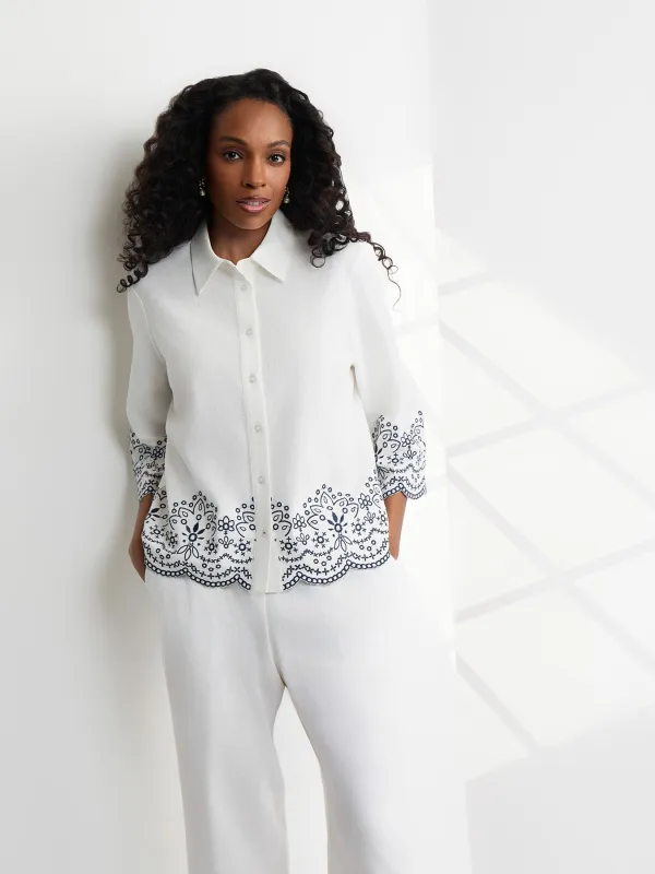 Petite Scallop Hem Embroidered Blouse, Linen made by Jones New York