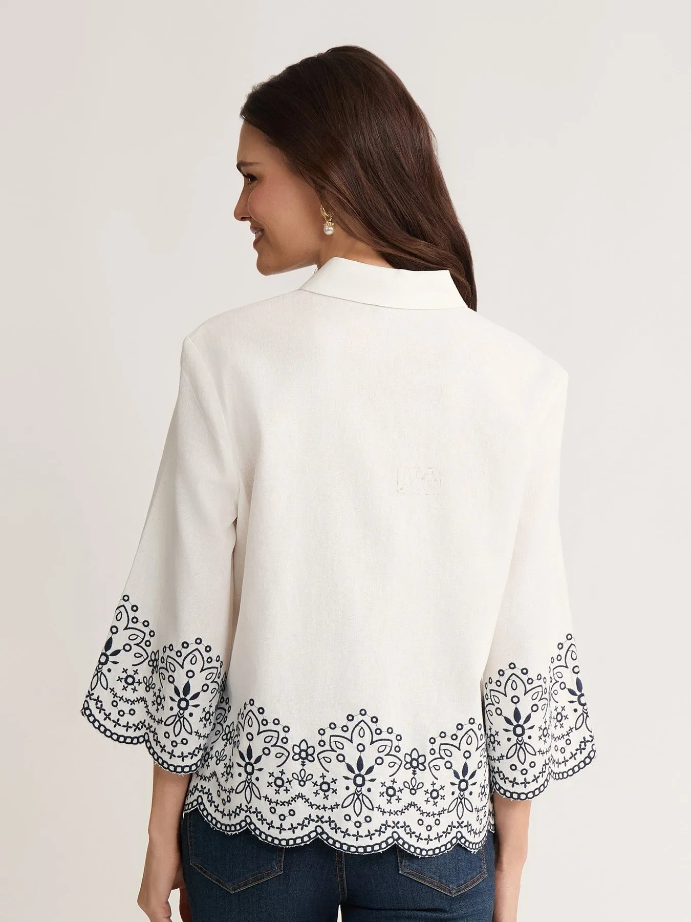 Petite Scallop Hem Embroidered Blouse, Linen sold by Jones New York product image thumbnail 4