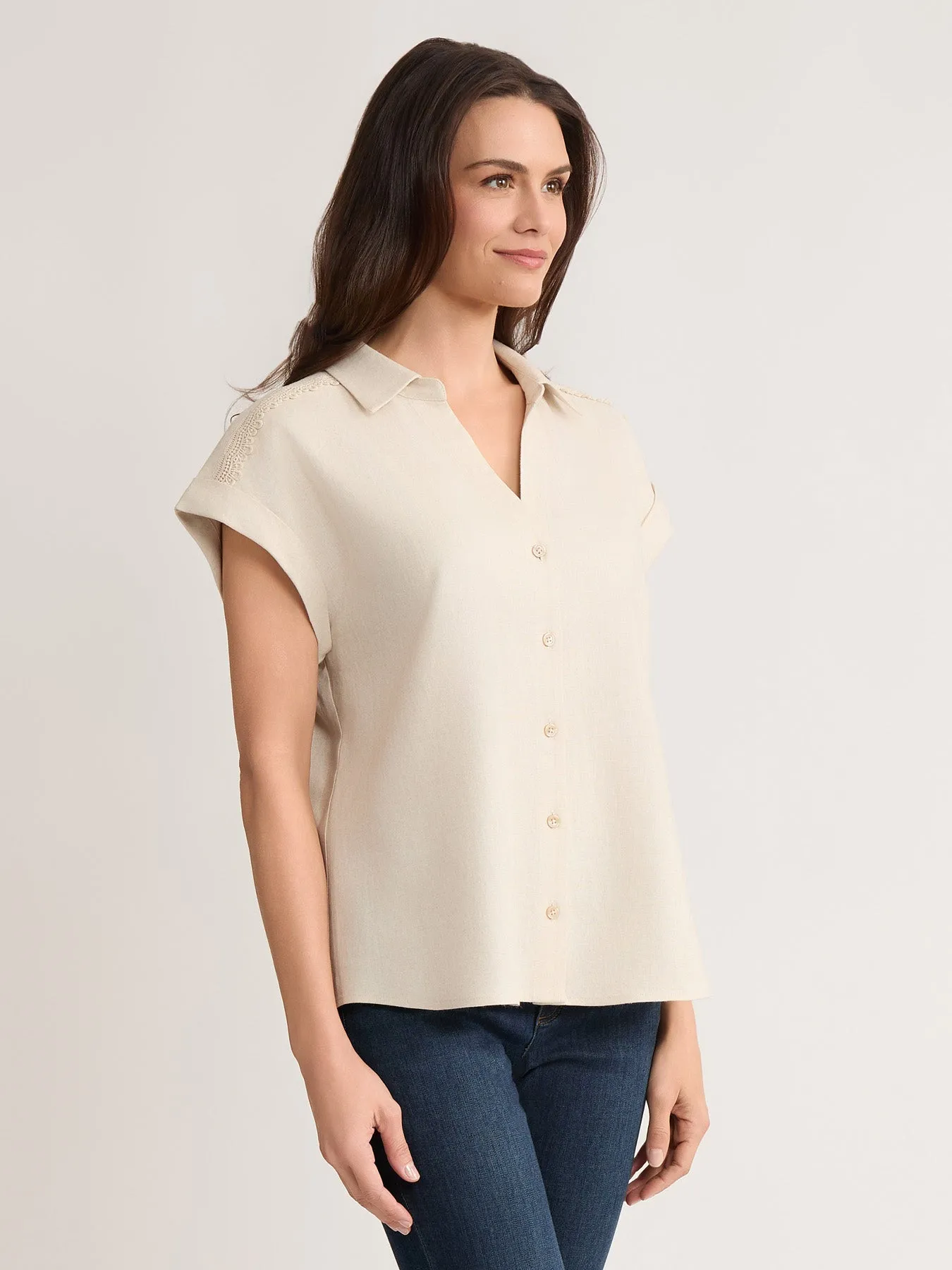 Rolled Sleeve Button Front Blouse, Linen sold by Jones New York product image thumbnail 2