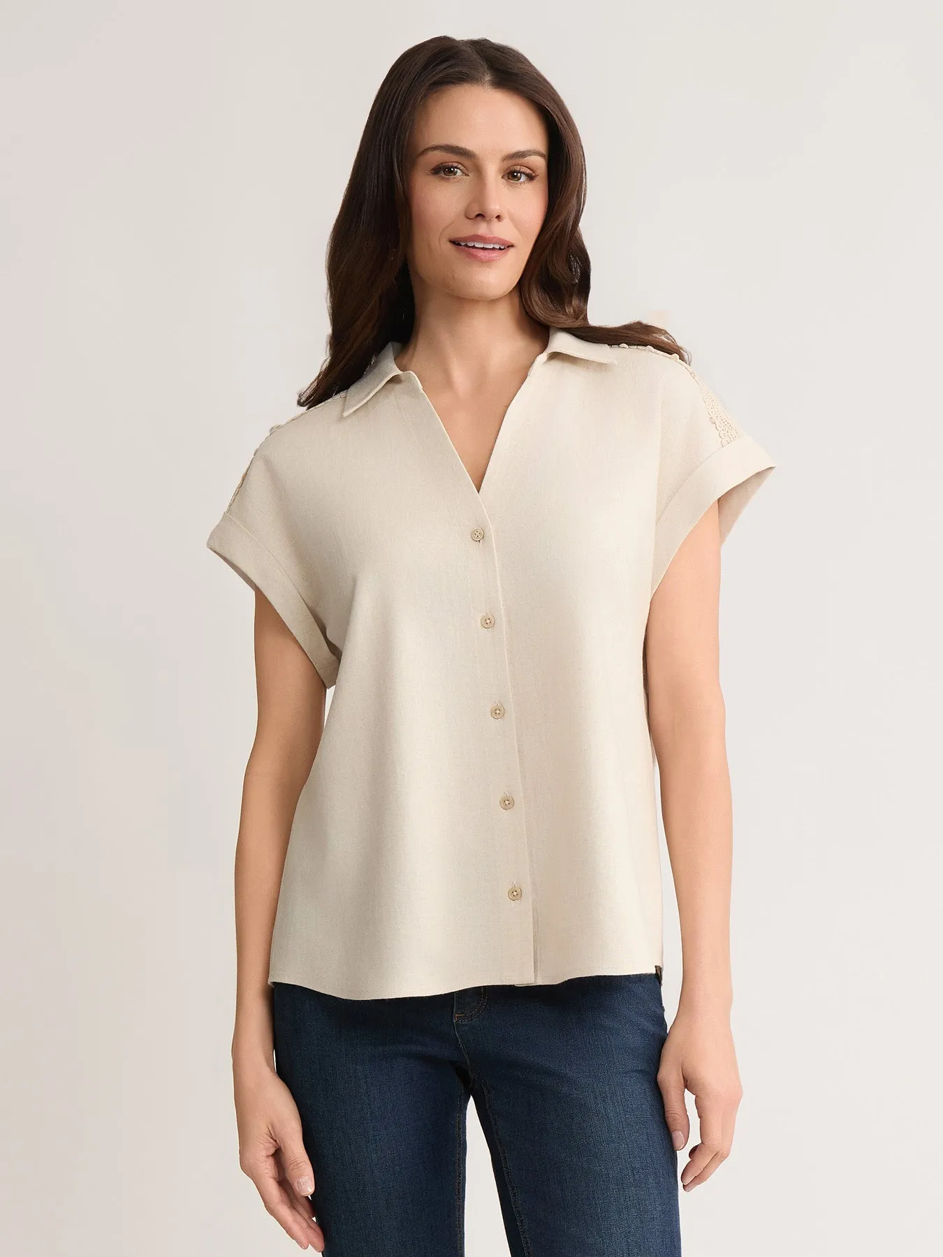 Rolled Sleeve Button Front Blouse, Linen sold by Jones New York