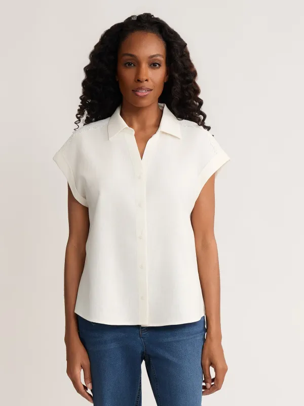 Petite Rolled Sleeve Button Front Blouse, Linen made by Jones New York