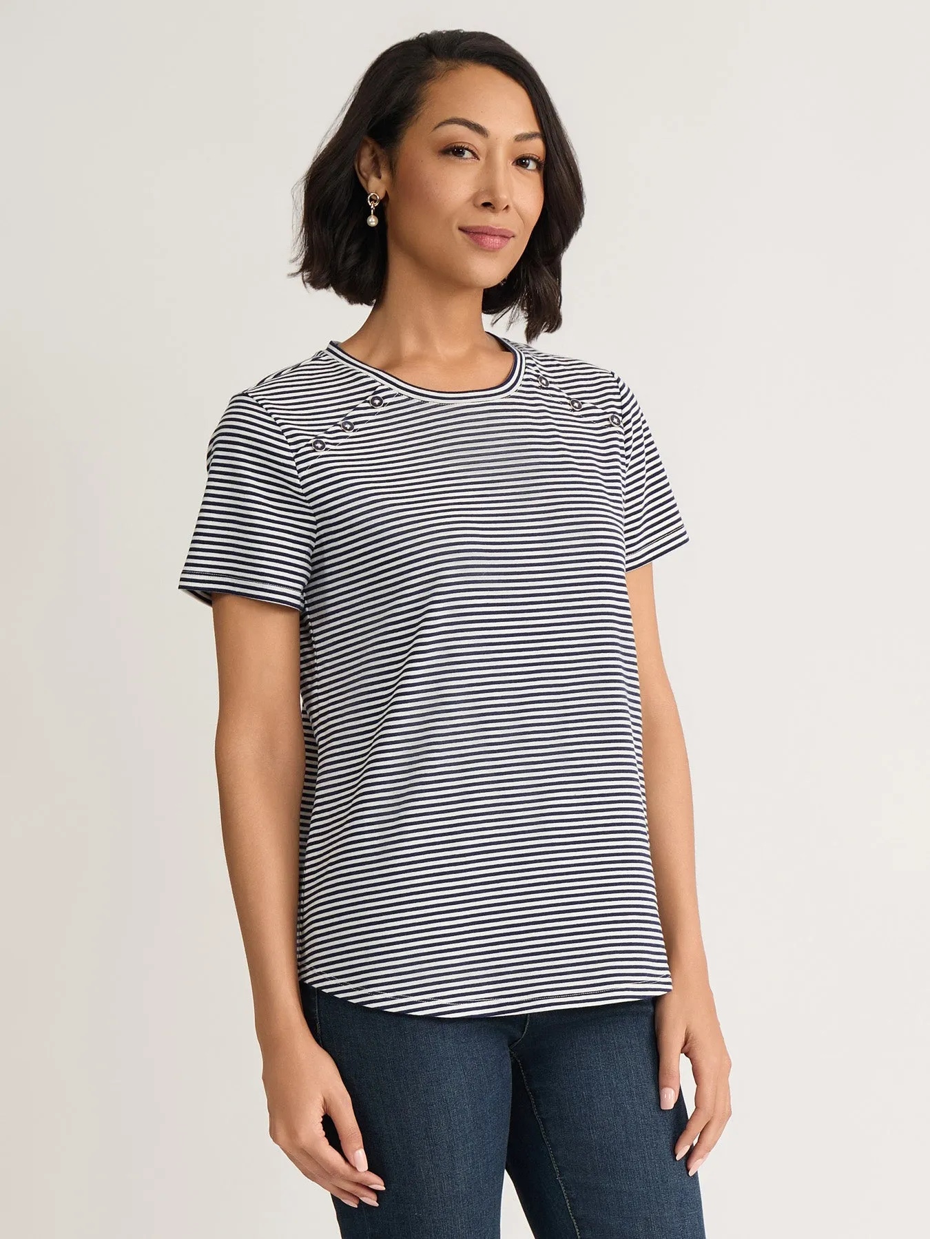 Button Shoulder Tee, Striped Knit sold by Jones New York product image thumbnail 2