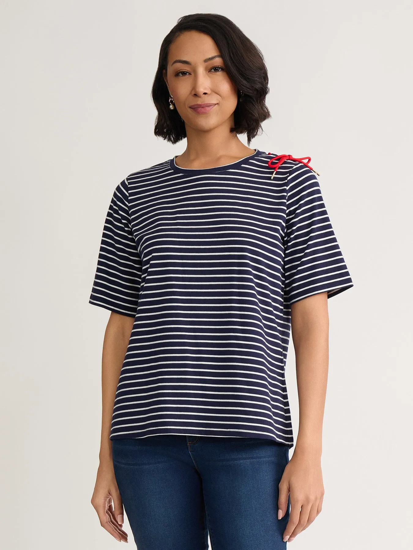 Striped Tie-Shoulder Tee, Cotton sold by Jones New York