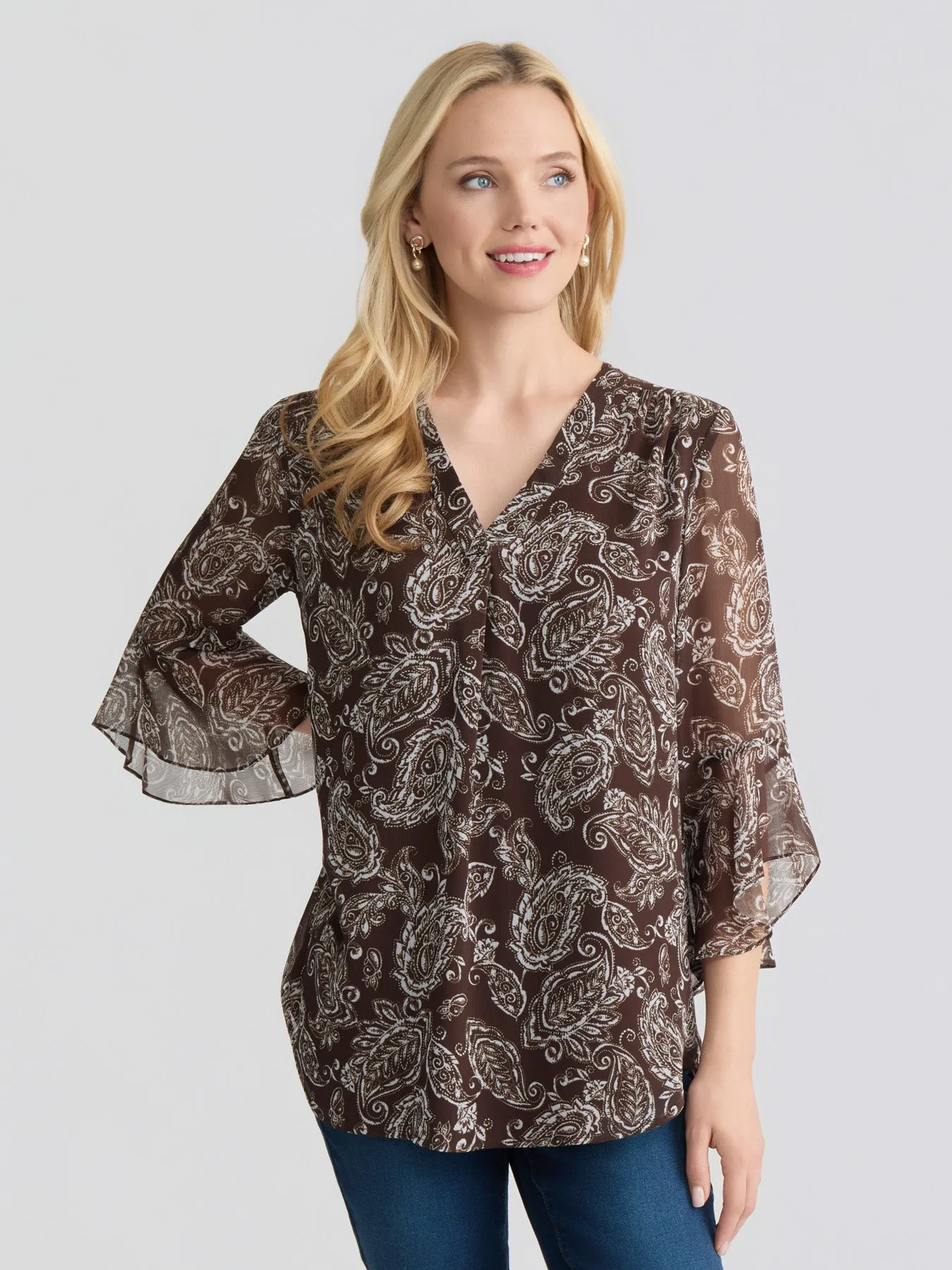 Flutter Sleeve Blouse, Printed Yoryu sold by Jones New York