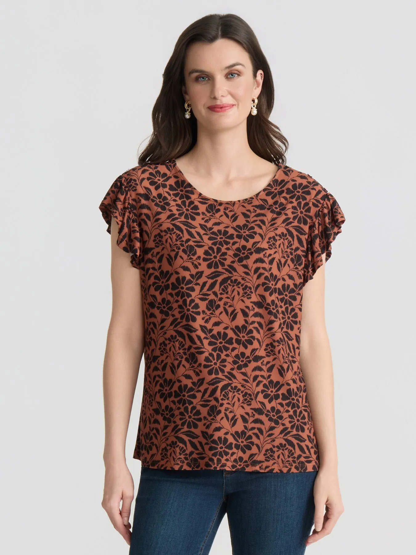 Short Flutter Sleeve Blouse, Printed Crepe sold by Jones New York