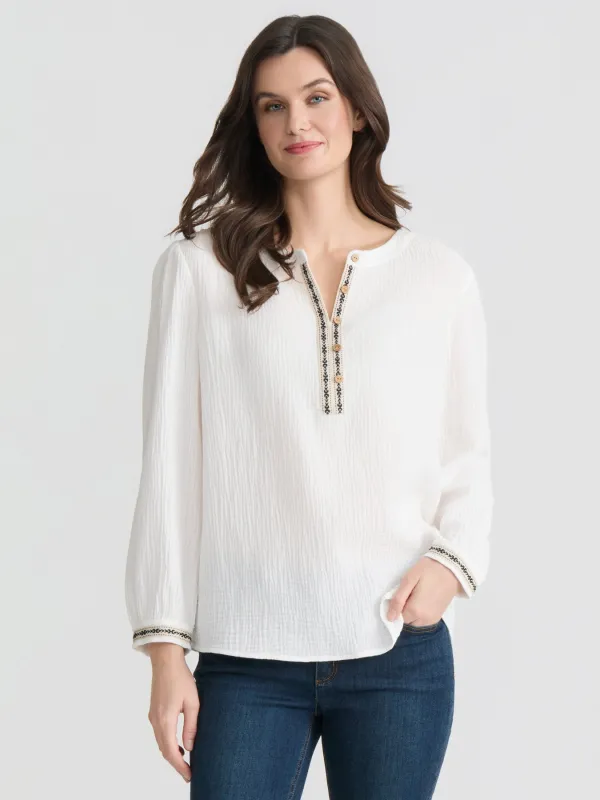 Embroidered Popover Blouse, Cotton made by Jones New York