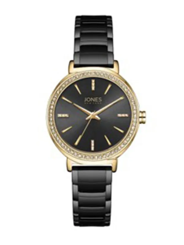 Crystal Black/Gold-Tone 3-Hand Watch, Metal Link Band made by Jones New York