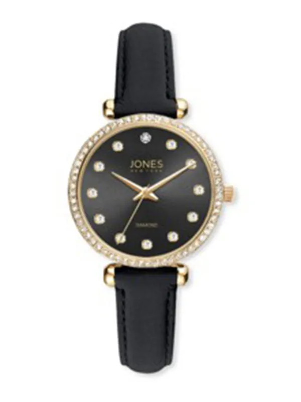Crystal Black/Gold-Tone 3-Hand Watch, Black Leather Band made by Jones New York