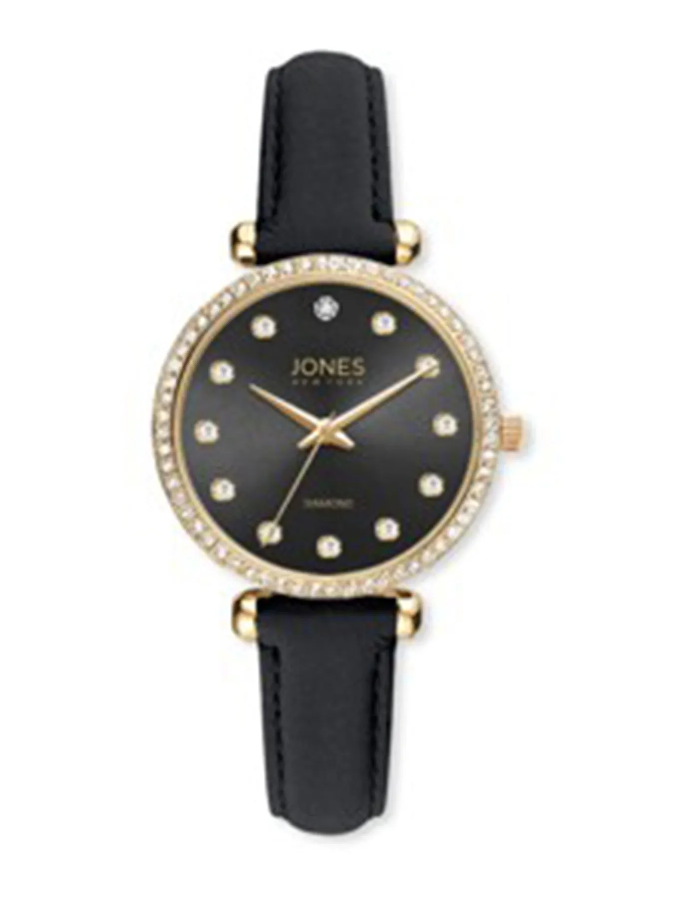 Crystal Black/Gold-Tone 3-Hand Watch, Black Leather Band sold by Jones New York