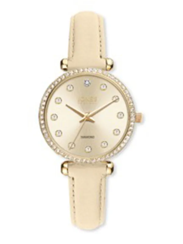Crystal Gold-Tone 3-Hand Watch, Beige Leather Band made by Jones New York