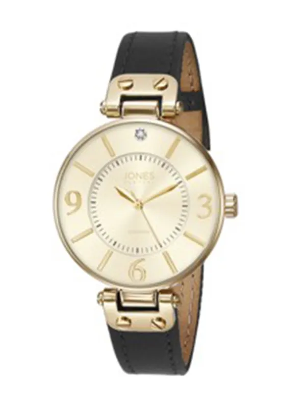Gold Tone 3-Hand Watch, Black Leather Band made by Jones New York