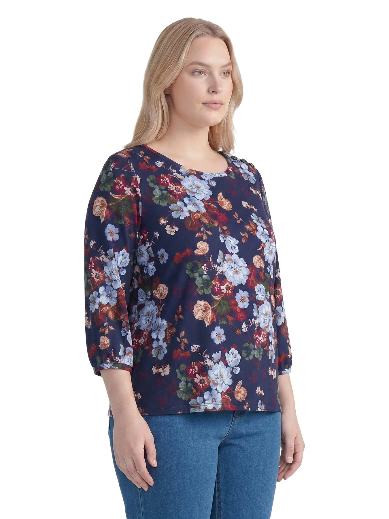 Plus Floral Button Shoulder Top, Printed Jersey Knit sold by Jones New York product image thumbnail 2