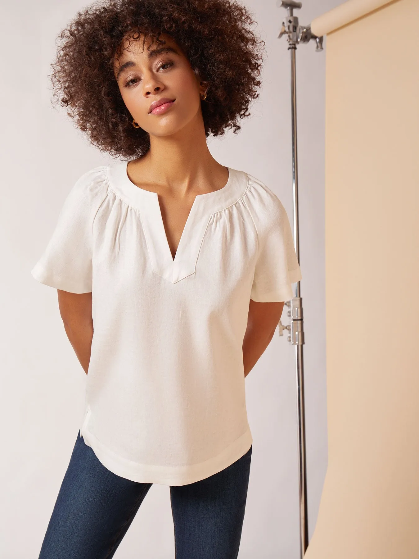 Solid Linen Blend Popover Blouse sold by Jones New York