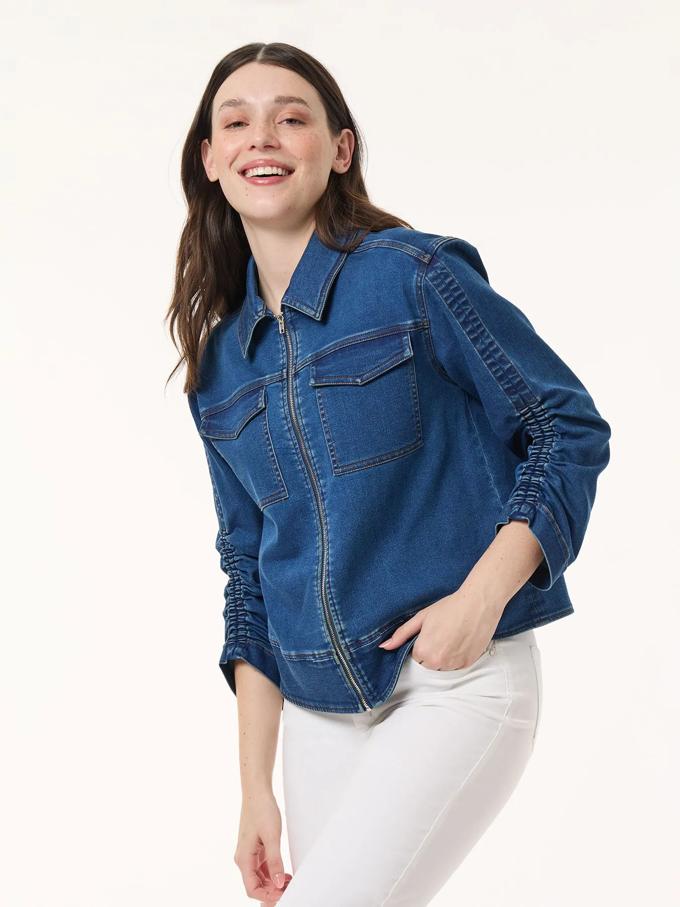 Petite Shirred Sleeve City Denim Jacket, Shore Wash sold by Jones New York product image thumbnail 3