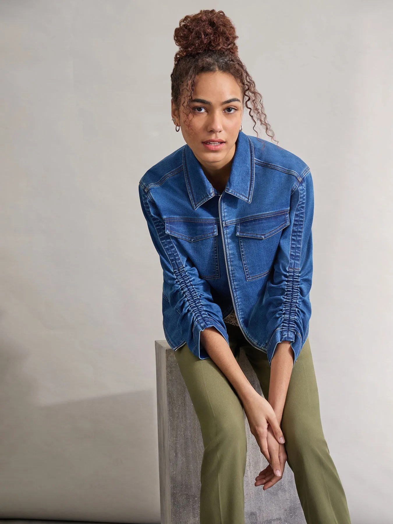 Petite Shirred Sleeve City Denim Jacket, Shore Wash sold by Jones New York product image thumbnail 2