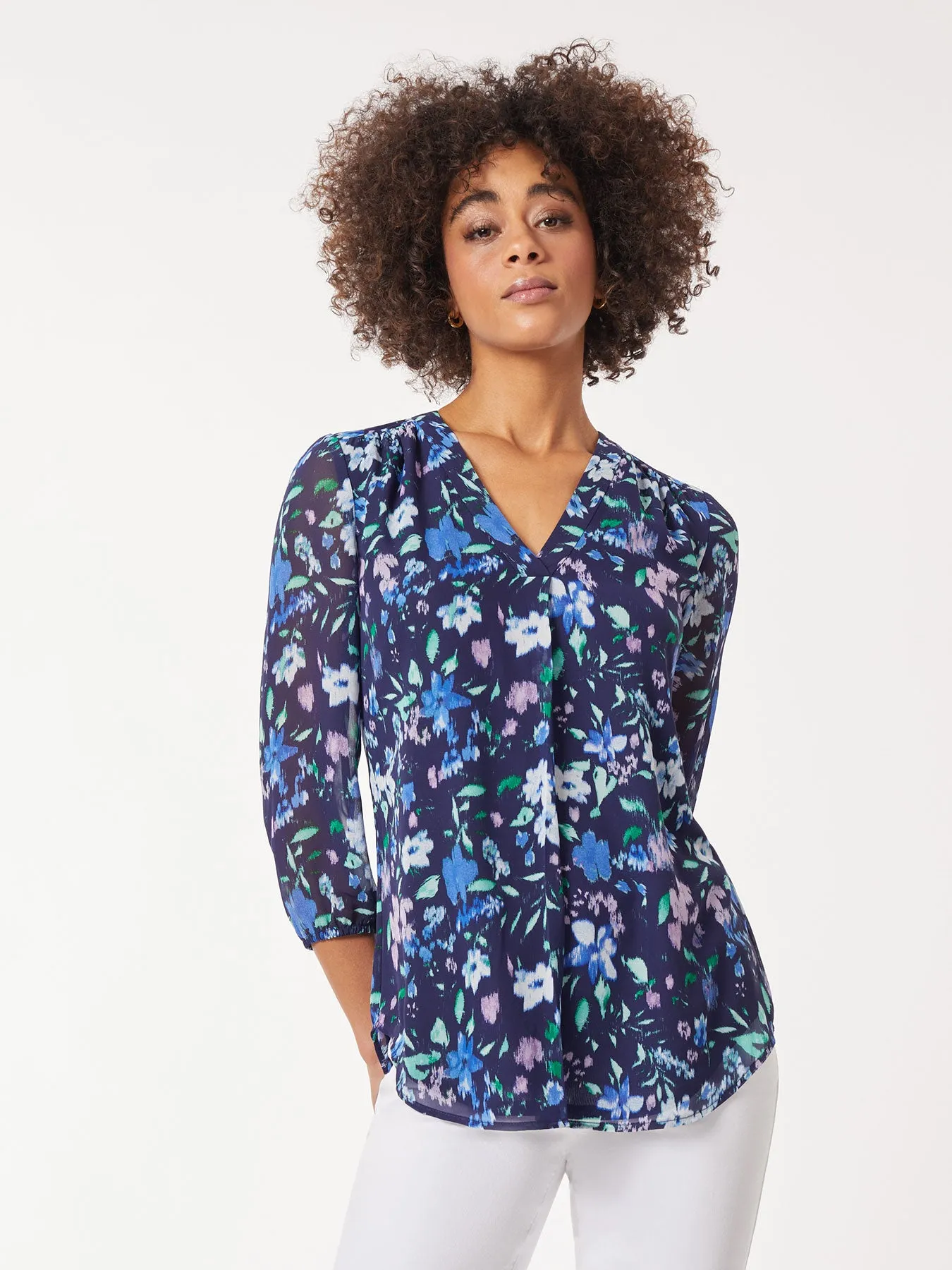 Printed V-Neck Pleated Kelly Blouse sold by Jones New York