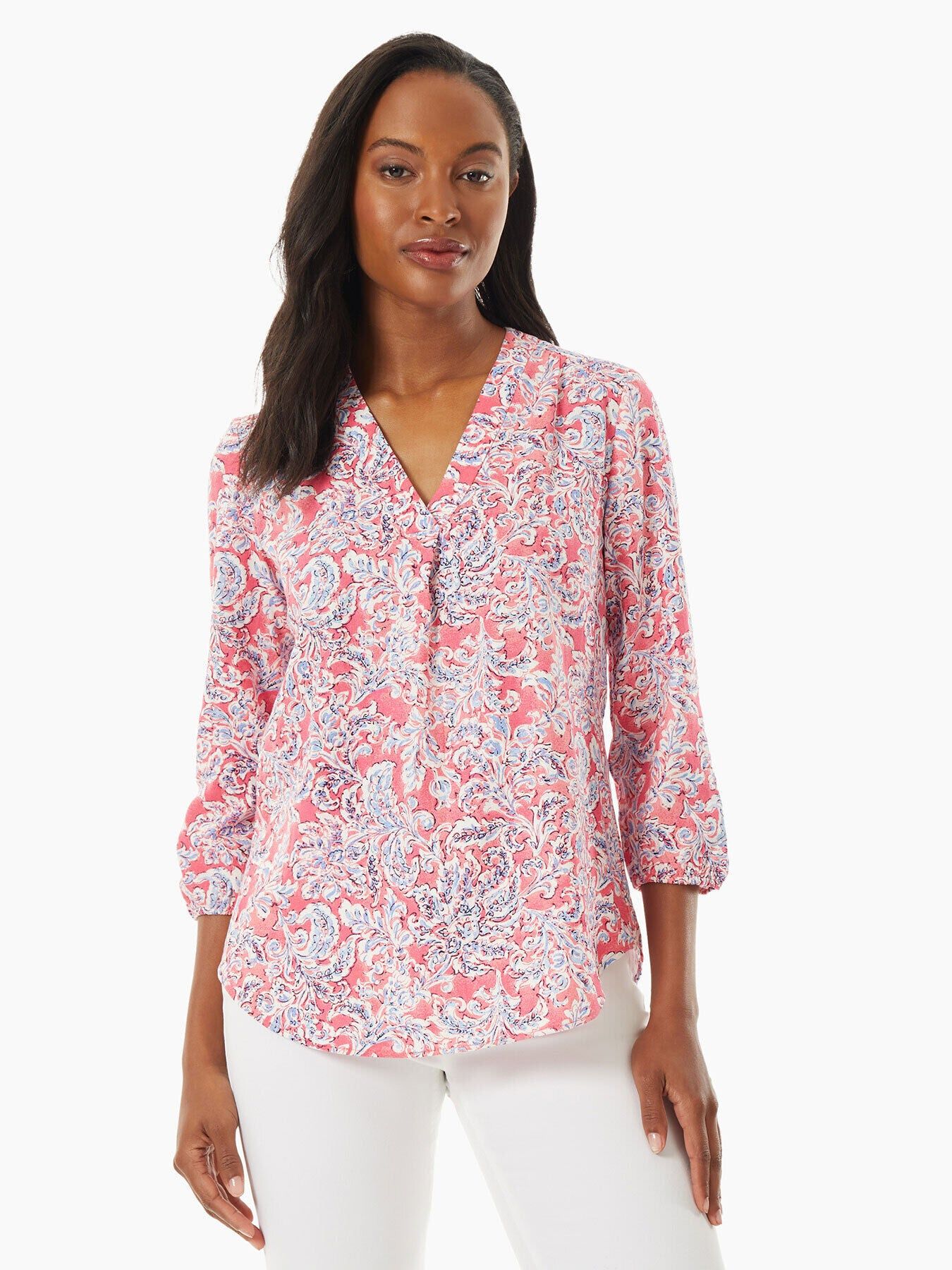 Linen-Blend V-Neck Kelly Blouse sold by Jones New York