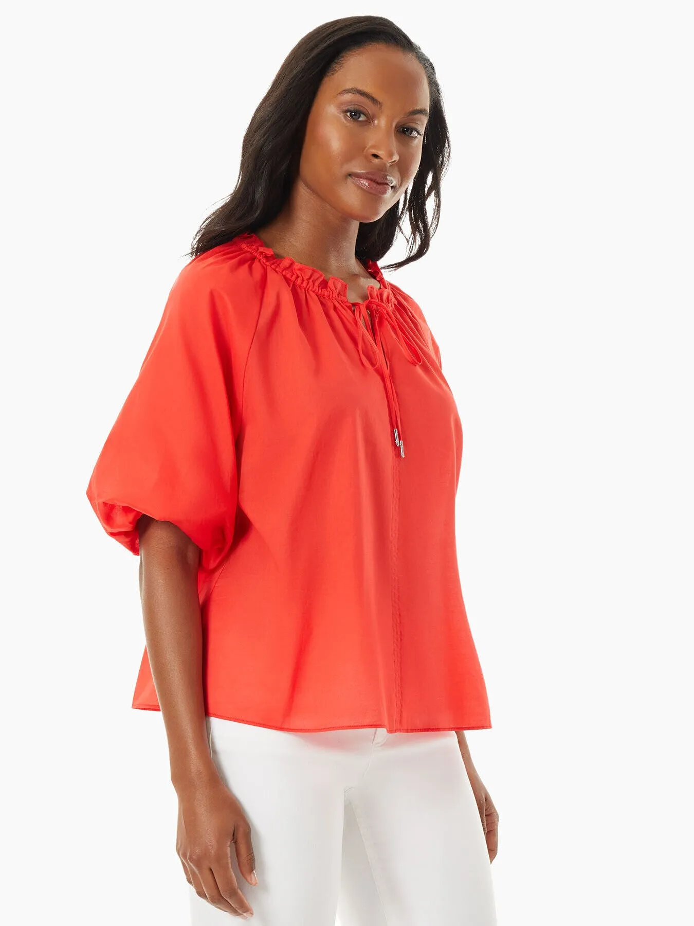 Tie-Neck Puff Sleeve Cotton Peasant Blouse sold by Jones New York product image thumbnail 2