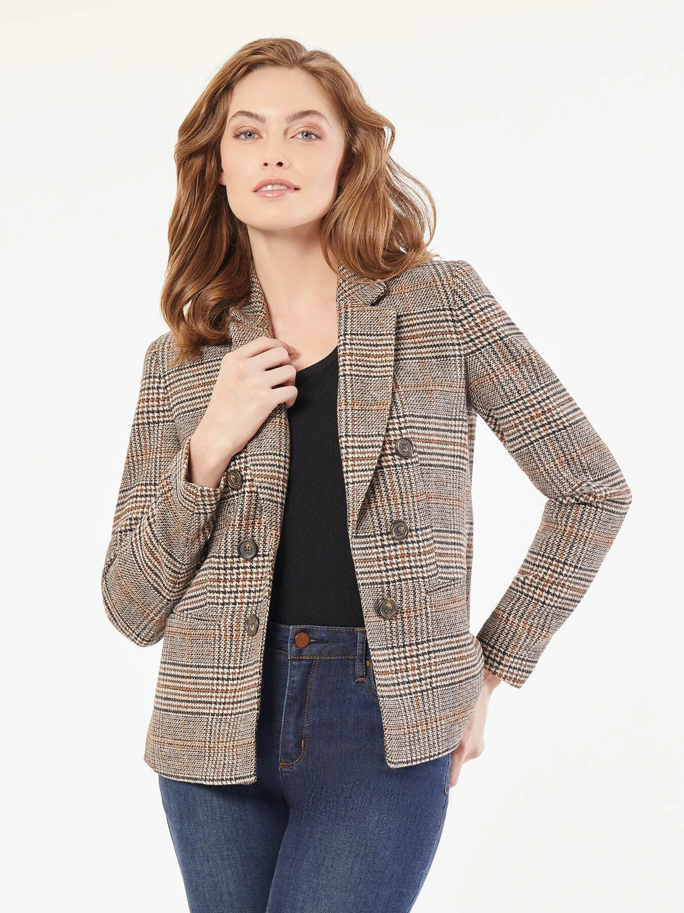 Plus Size Classic Plaid Double-Breasted Jacket sold by Jones New York