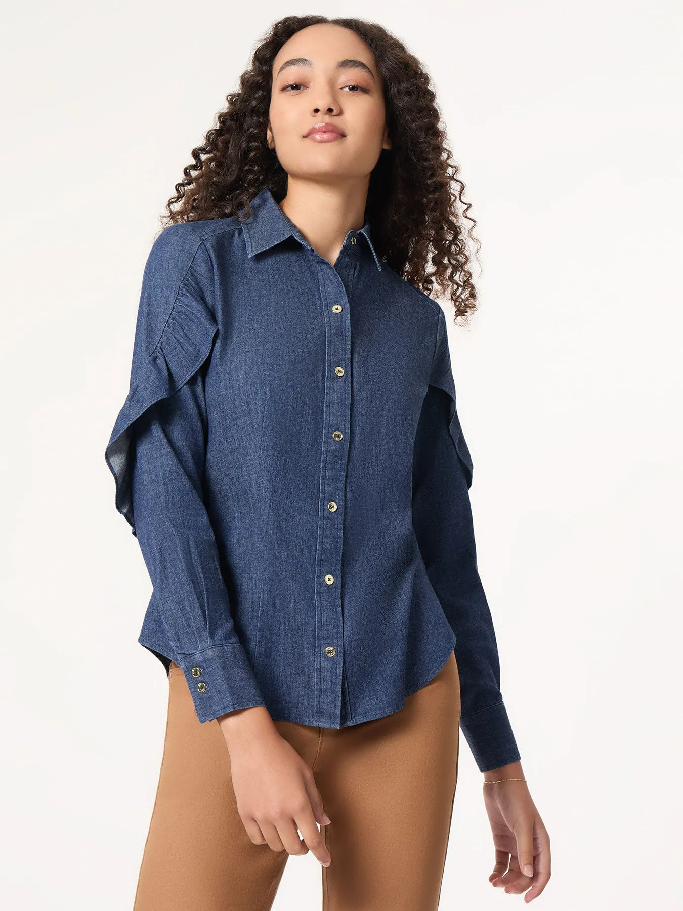Button-Front Ruffle Sleeve Denim Shirt sold by Jones New York