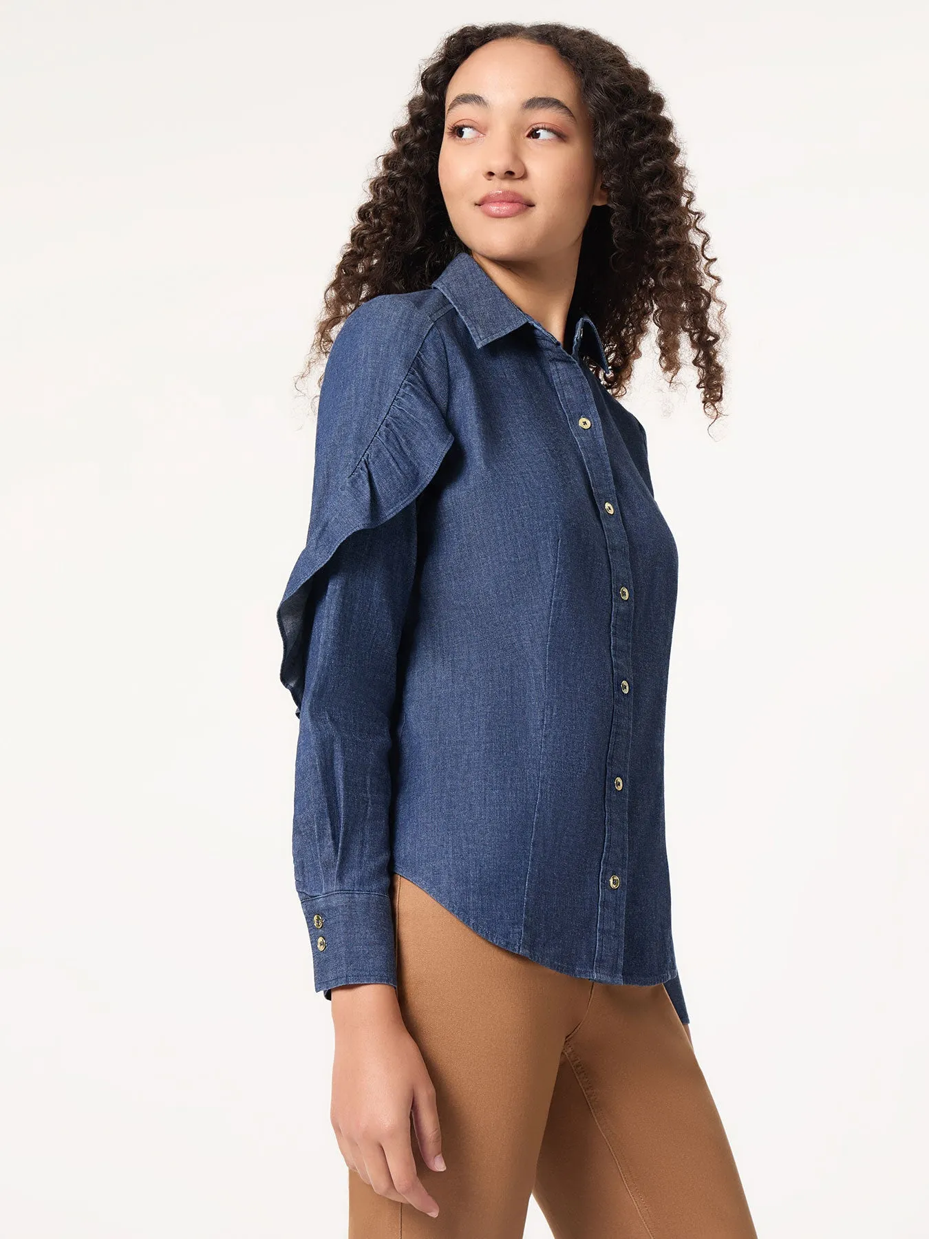 Button-Front Ruffle Sleeve Denim Shirt sold by Jones New York product image thumbnail 2