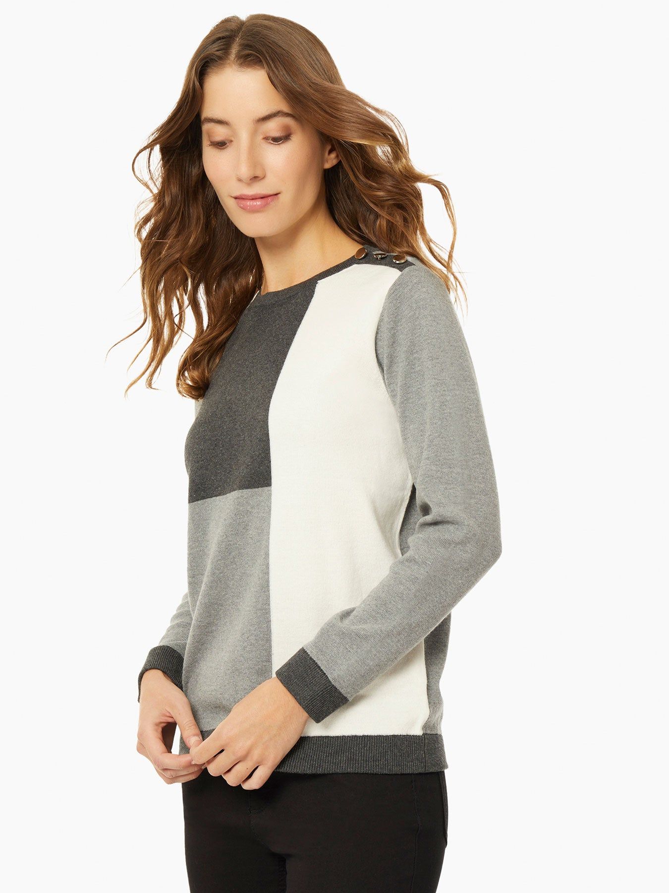 Colorblock Crew Neck Button Detail Sweater sold by Jones New York product image thumbnail 2