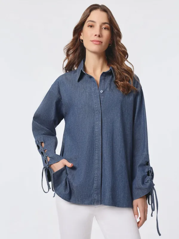 Denim Detail Sleeves Button-Front Shirt made by Jones New York
