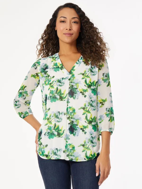 Printed Ruffle Sleeve Pleated Kelly Blouse sold by Jones New York