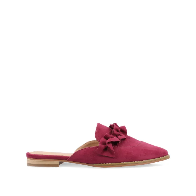 KESSIE RUFFLED MULE FLATS IN FAUX SUEDE sold by Journee Collection