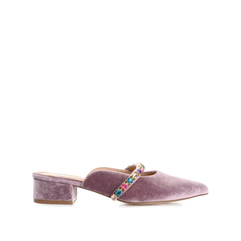 JEWEL KITTEN HEEL MULE FLATS IN VELVET sold by Journee Collection