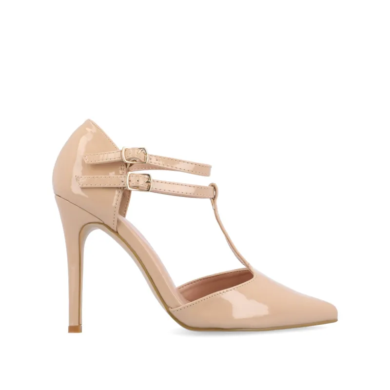 TRU T-STRAP STILETTO PUMP HEELS IN PATENT sold by Journee Collection