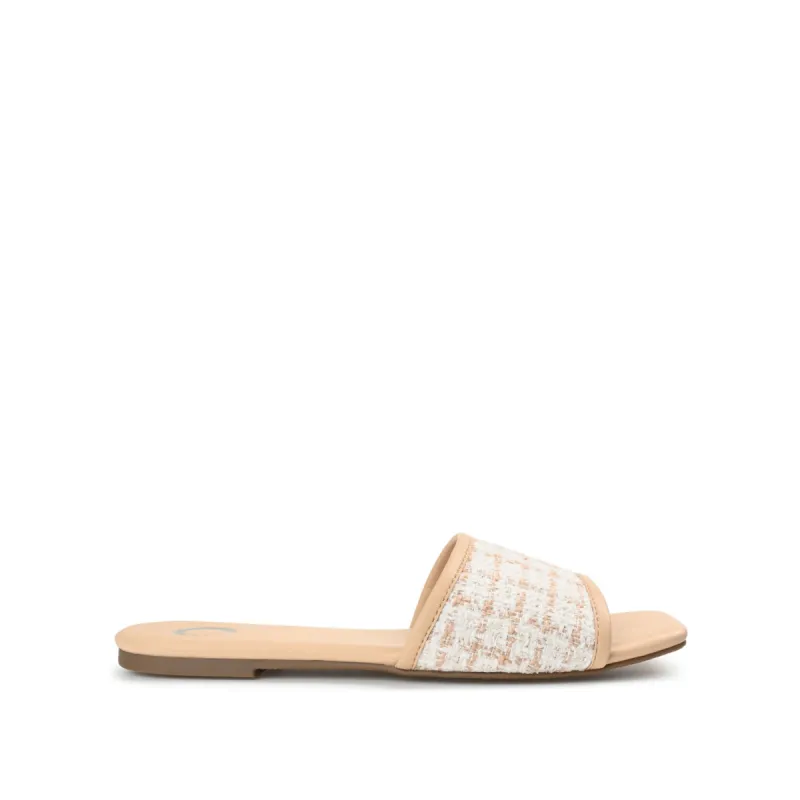 MIKALA SLIDE SANDALS IN TWEED AND FAUX LEATHER sold by Journee Collection