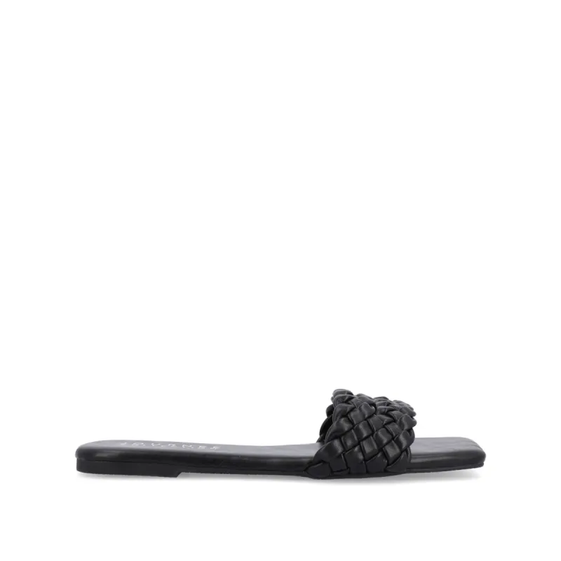 SAWYERR SLIDE SANDALS IN FAUX LEATHER sold by Journee Collection