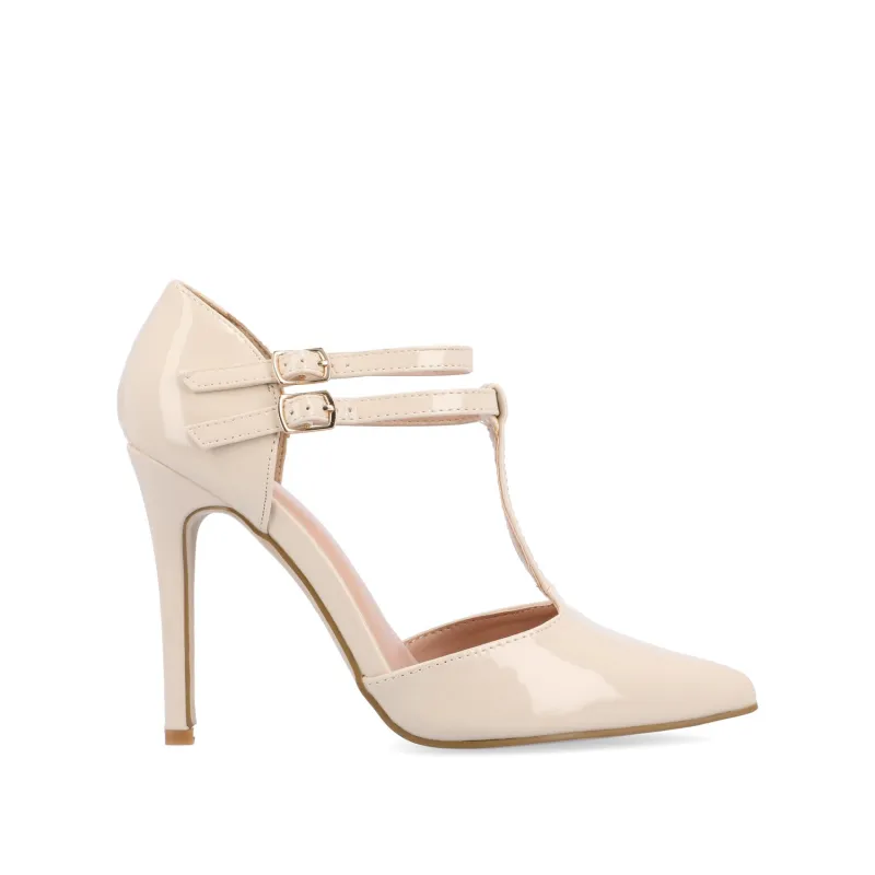 TRU T-STRAP STILETTO PUMP HEELS IN PATENT - Off White sold by Journee Collection
